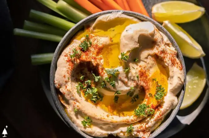 top view of homemade hummus in a bowl