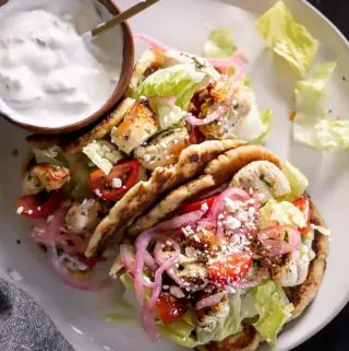 top view of chicken gyros on a plate