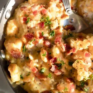 top view of creamy shrimp carbonara