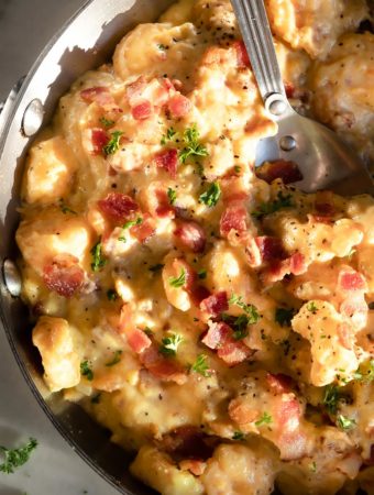top view of creamy shrimp carbonara