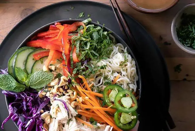 top view of Veggie spring roll bowl