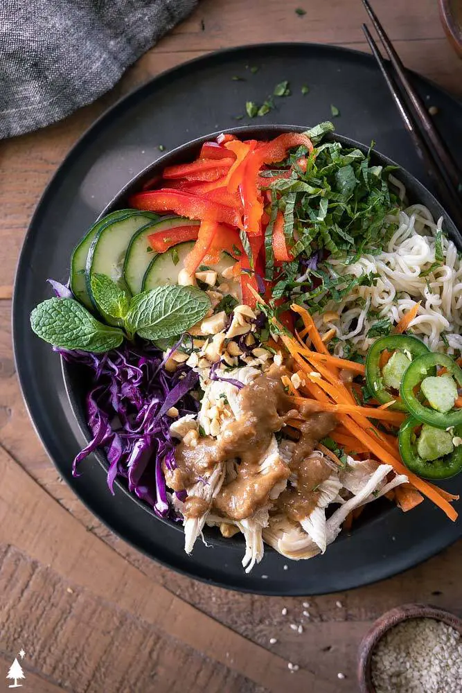 top view of spring roll salad in a bowl