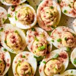 closer view of keto deviled eggs with bacon