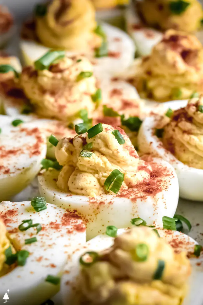 top view of keto deviled eggs with bacon