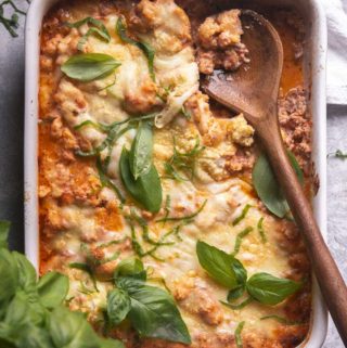 cauliflower baked ziti in a casserole