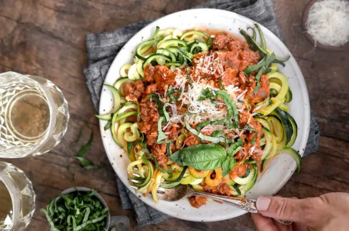 top view of keto spaghetti in a plate
