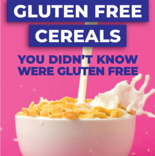 Bowl of gluten free cereal with milk being poured in it and the gluten free cereal title on top