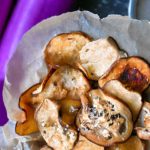These baked eggplant chips are low carb, crispy, crunchy, salty, smoky, hearty, and every bit as delicious as its boring been-there-done-that potato chip counterpart! #lowcarb #keto #vegan #vegetarian #paleo #glutenfree #healthy #recipe #baked #crispy #dehydrator #oven #roasted #eggplant #veggies #vegetables #lowcarbchips #chips #appetizers #veggiechips