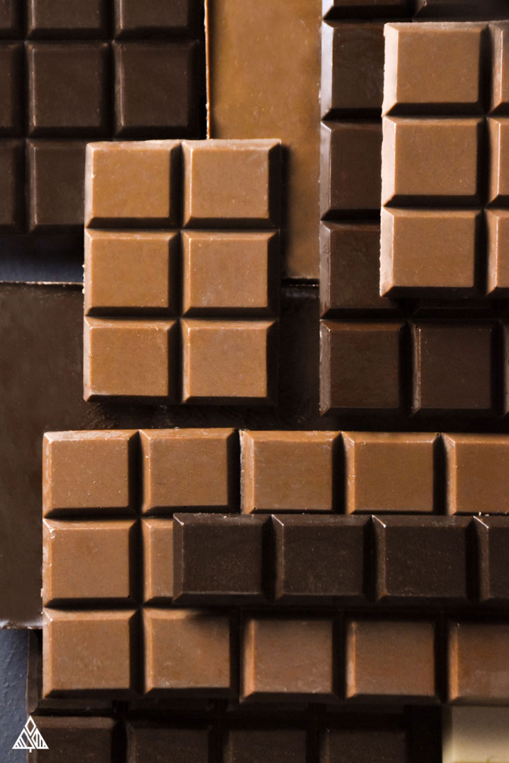 Low carb chocolate bars, milk and dark chocolate stacked on top of each other