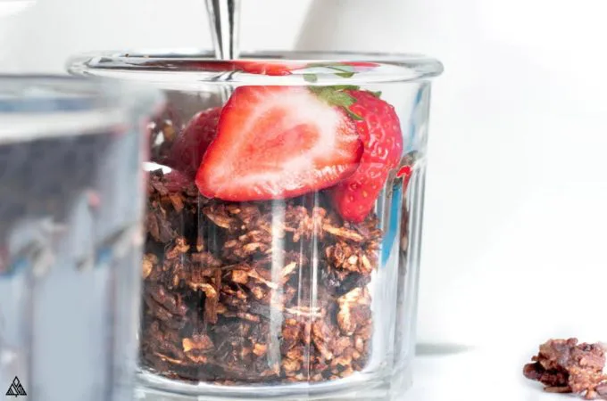 Closer look of low carb chocolate granola in a glass