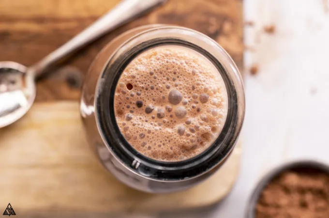 Top view of chocolate milk inside the jar