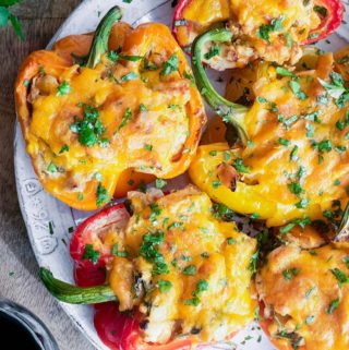 Top view of chicken stuffed peppers