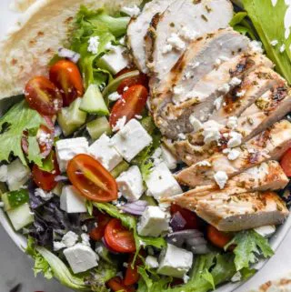 Closer look of greek chicken salad