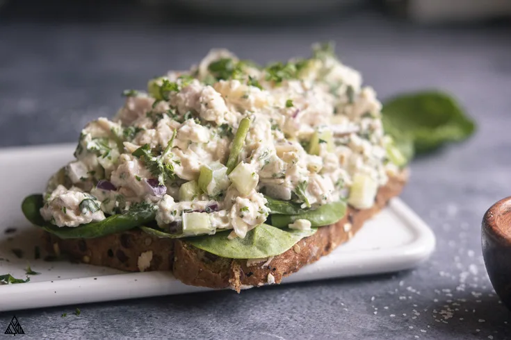 chicken salad without mayonnaise on a slice of toast