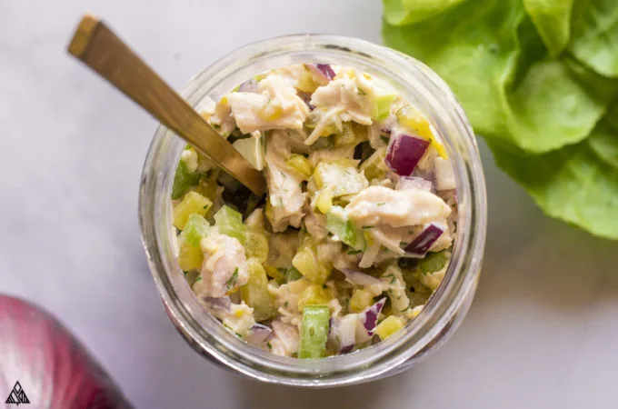 Top view of chicken salad in a jar