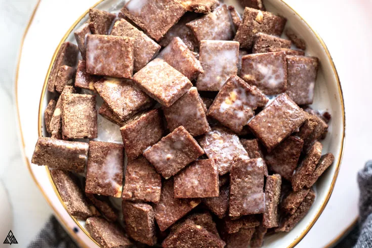 Closer look of small square low carb cocoa puffs in a bowl