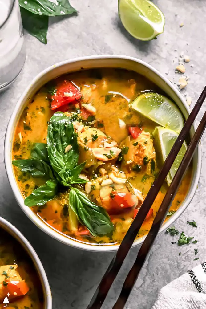 curry chicken soup in a bowl, on the list of keto chicken recipes