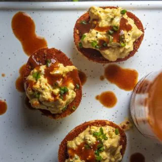 Top view of spicy deviled eggs