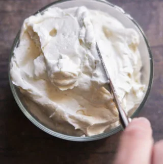 top view of low carb cream cheese frosting in a bowl
