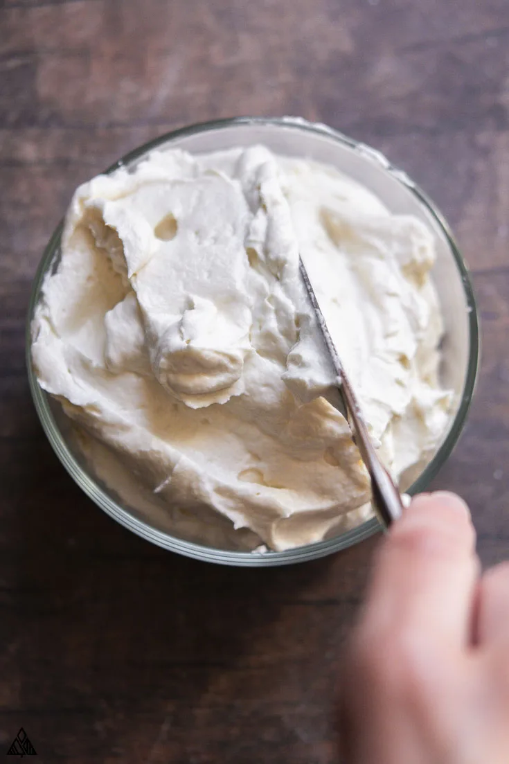 top view of low carb cream cheese frosting in a bowl