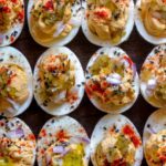Top view of deviled eggs with relish