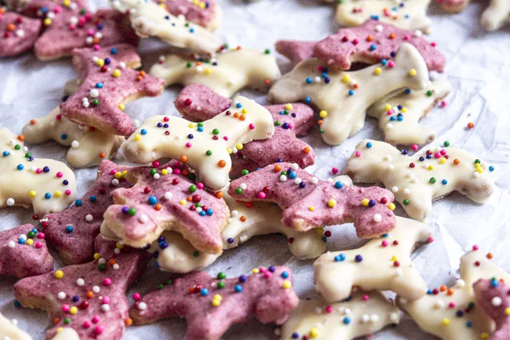 Closer look of low carn animal cookies laid on a parchment paper