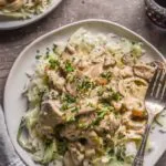 2 plates of low carb beef stroganoff