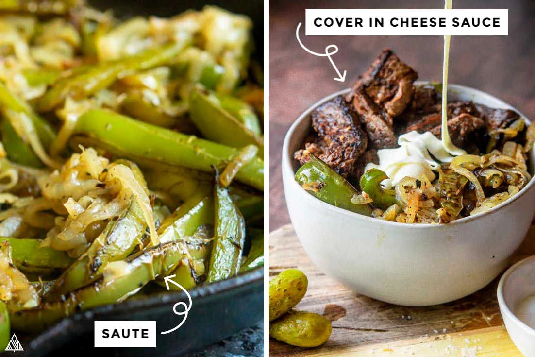Collage of veggies at the left and philly cheesesteak in a bowl