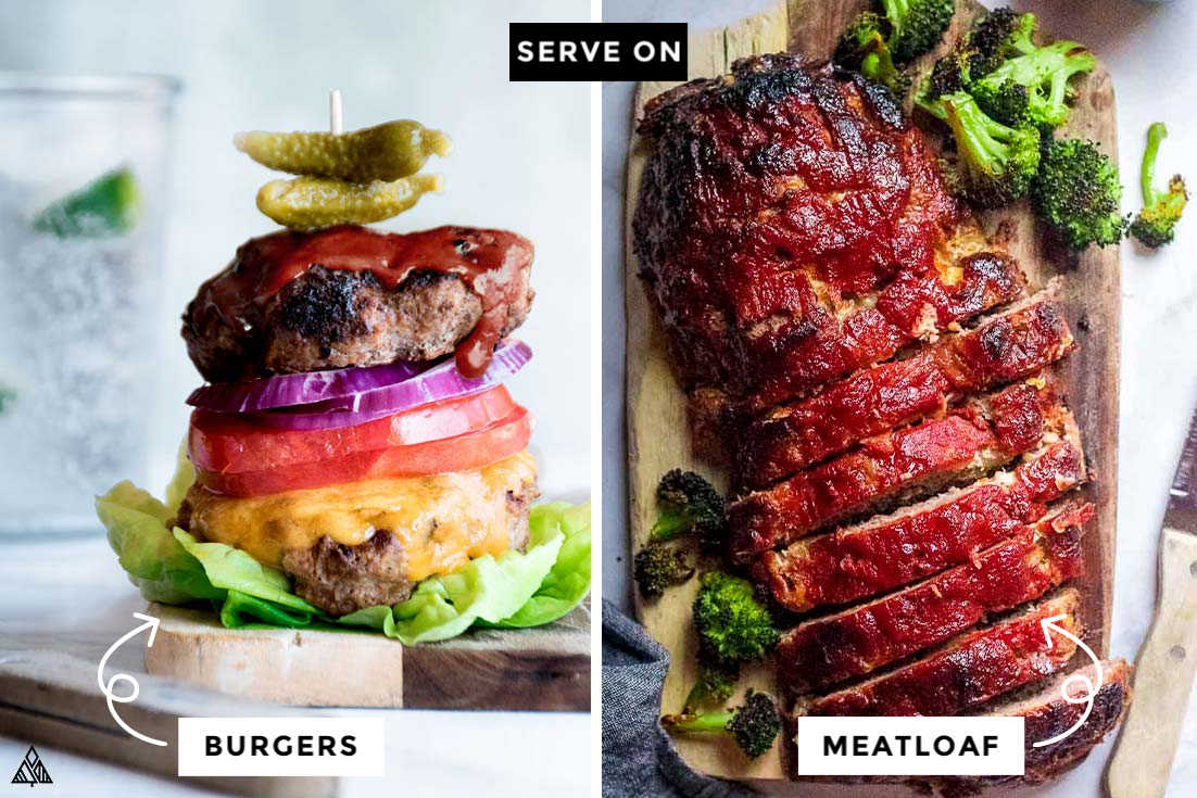 Collage of burger and meatloaf with low carb bbq sauce