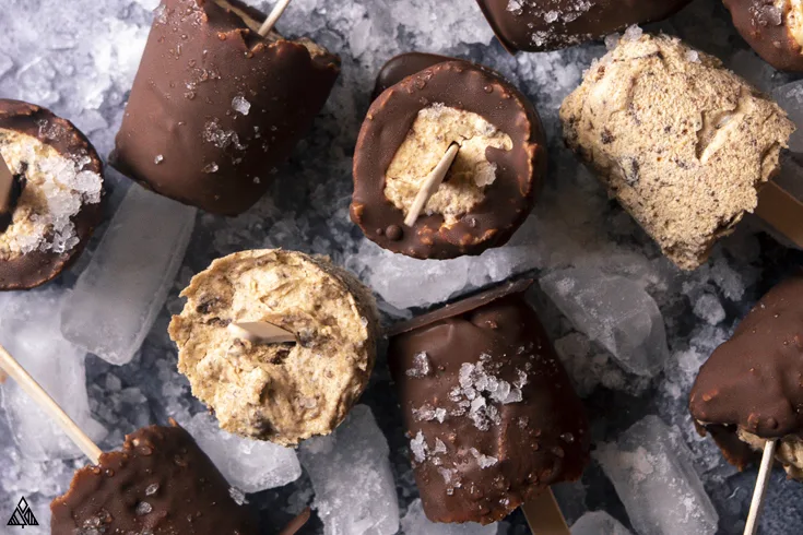 Closer look of low carb ice cream bars dipped in chocolate