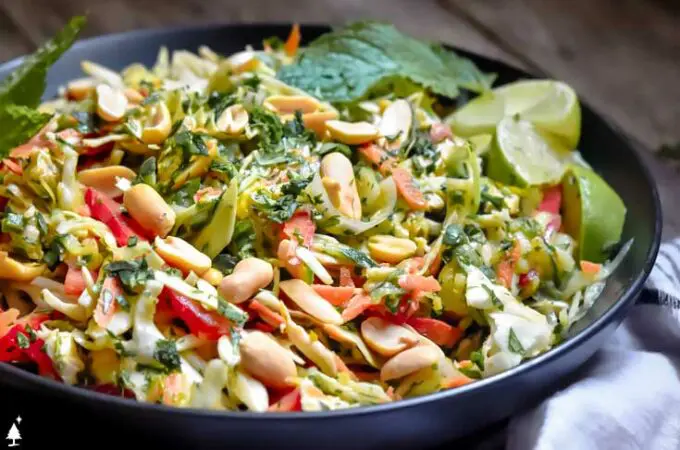 Thai chicken salad covered in a peanut salad dressing