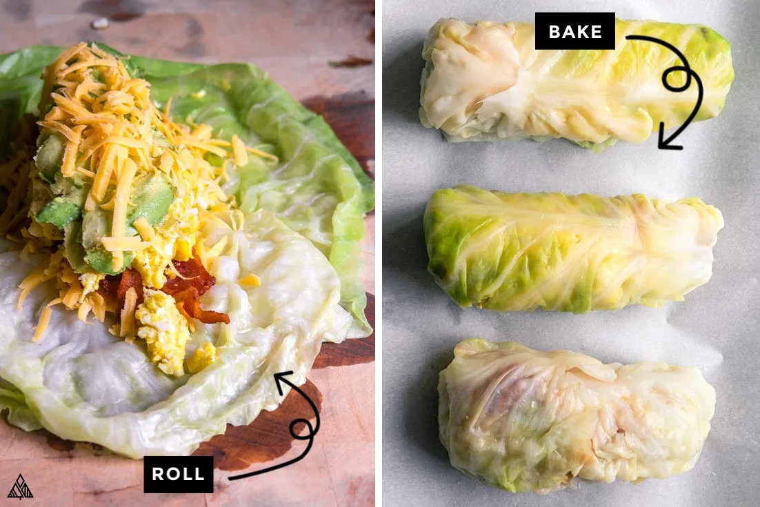 Collage of how to prepare low carb breakfast burritos