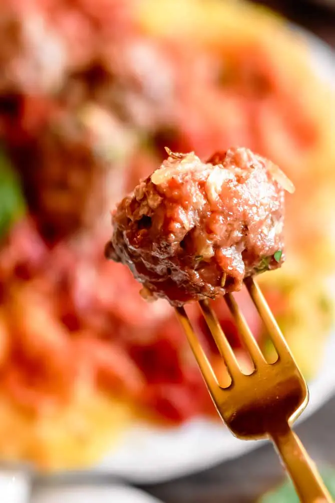 closer view of best keto meatballs on a fork