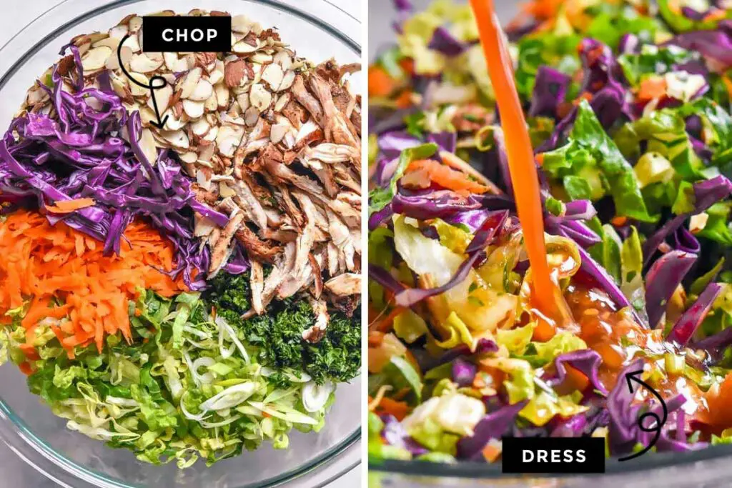 how to make Chinese chicken salad, the ingredients needed, and dressing being added