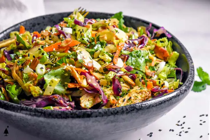Chinese chicken salad in a bowl with sesame seeds around it