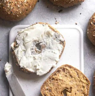 top view of low carb bagel with cream cheese