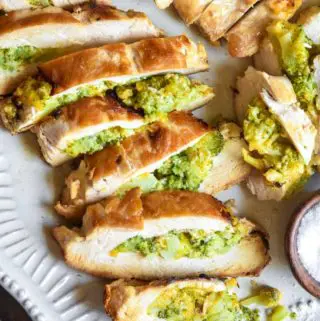 top view of broccoli and cheese stuffed chicken