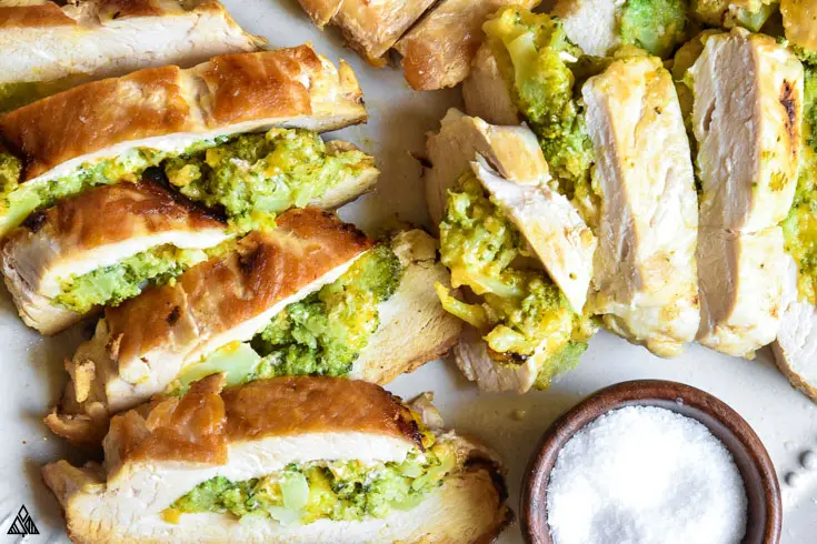 sliced broccoli and cheese stuffed chicken
