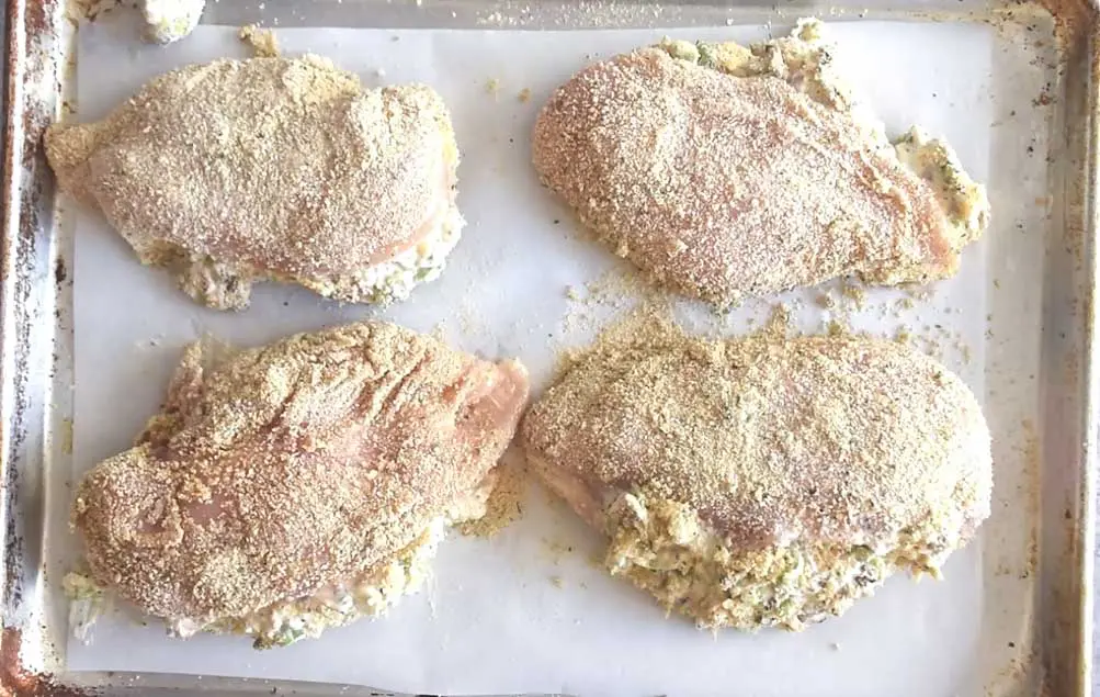 coated chicken breast and showing how to cook stuffed chicken breast