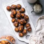 top view of chocolate coconut fat bombs on a tray