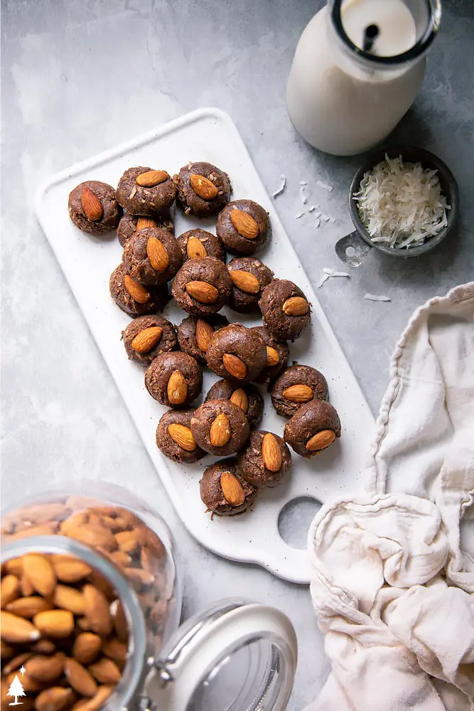 top view of chocolate coconut fat bombs on a tray