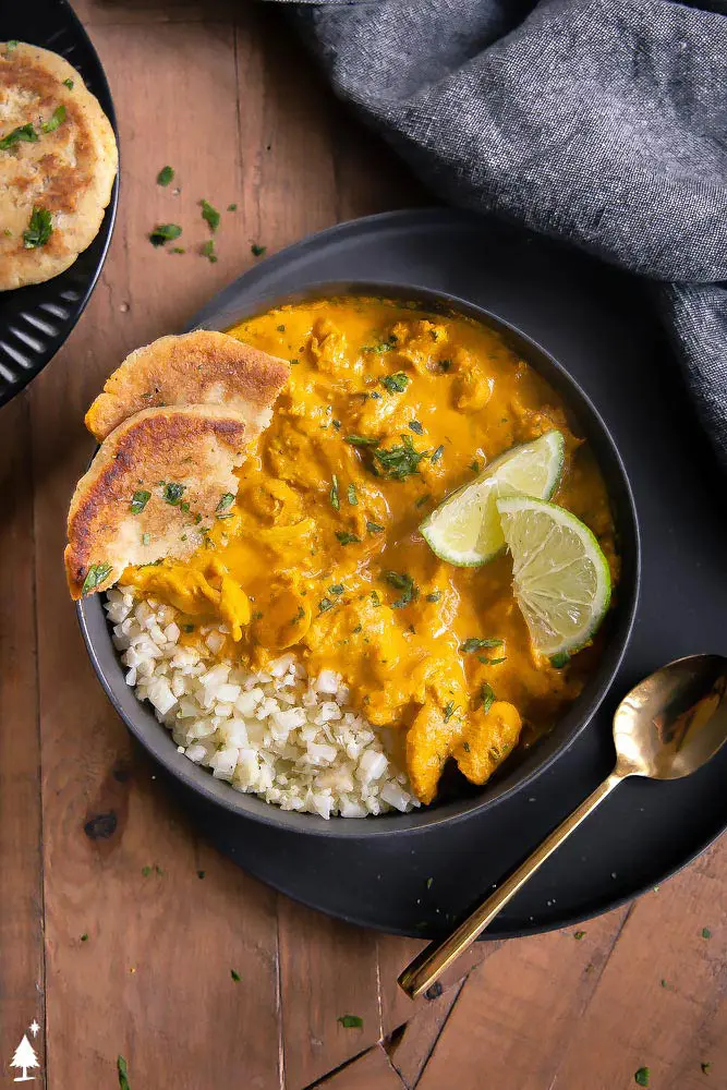 top view of keto chicken curry in a bowl