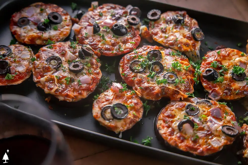 top view of Crispy Eggplant Pizza on a plate