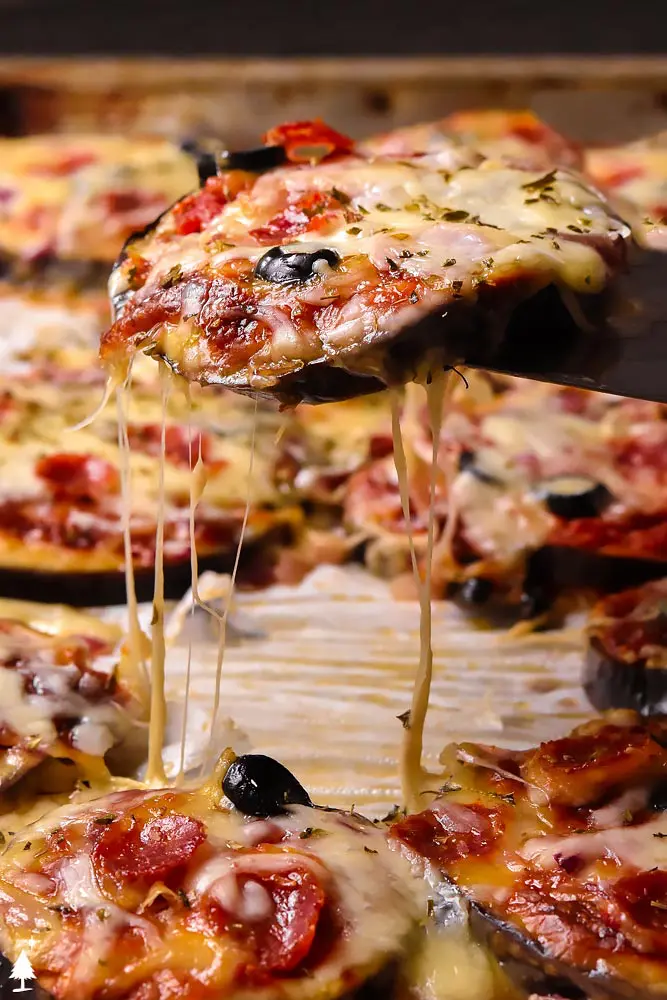 closer view of Crispy Eggplant Pizza with mozzarella cheese