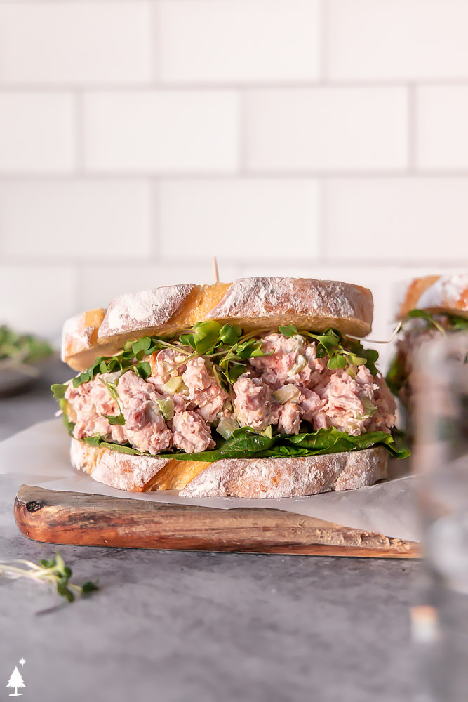 healthy ham salad recipe in a sandwich bread
