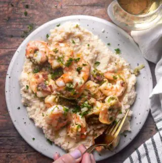 top view of shrimp grits on a plate