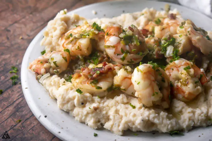 closer view of Low Carb Shrimp and Cauliflower Grits on a plate