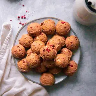 top view if white chocolate bombs on a plate