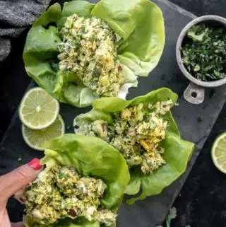 top view of avocado salad on lettuce wrap