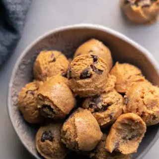 top view of cookie dough bites in a bowl